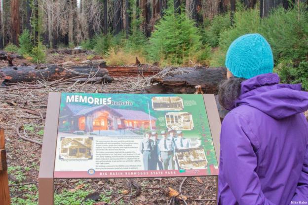 An interpretive panel reflects on the old Big Basin park headquarters facilities. Credit: Mike Kahn.