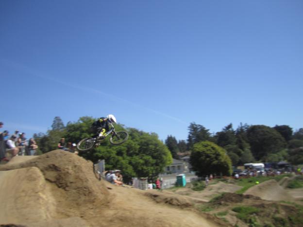 Nine-year-old Nathan Halahan of Pittsburg, PA launches from the top of the jumps.