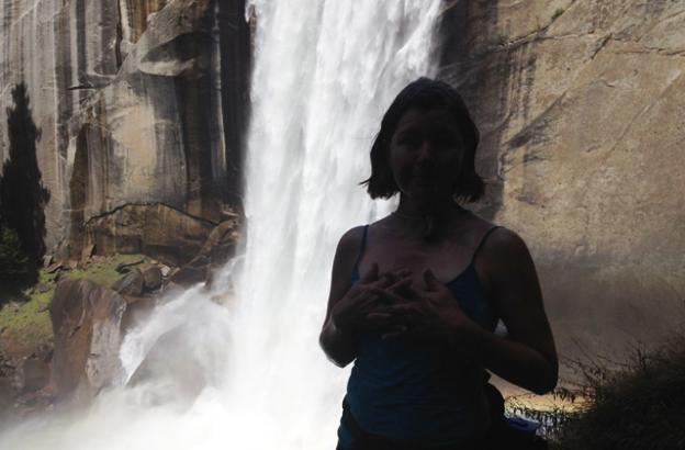 Traci at Vernal Falls. Soaked to the bone and grinning. Hilltromper photo.