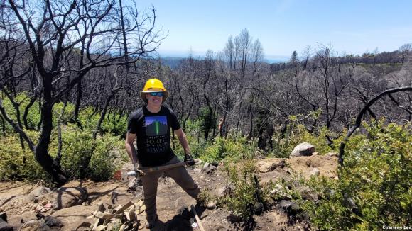 Hilltromper's managing director, Mike Kahn, doing volunteer trail work with Santa Cruz Mountains Trail Stewardship at San Vicente Redwoods. Credit: Charlene Lee
